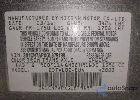 2016 Nissan Versa 1.6 S/1.6 S+/1.6 Sl/1.6 Sv from USA, damaged, VIN 3N1CN7APXGL879199